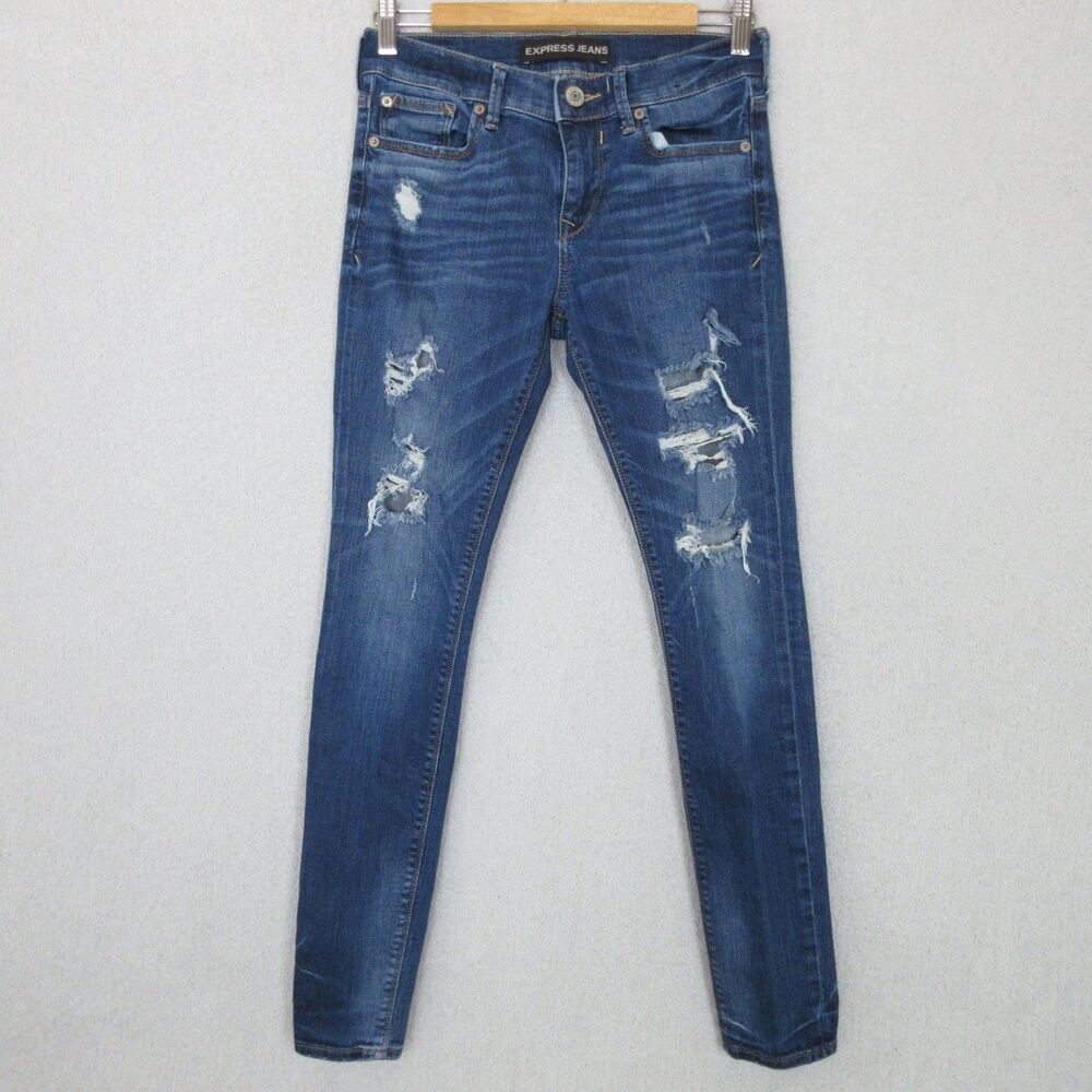 Express Jeans Womens 2R Blue Mid Rise Cropped Skinny Leg Stretch Distressed